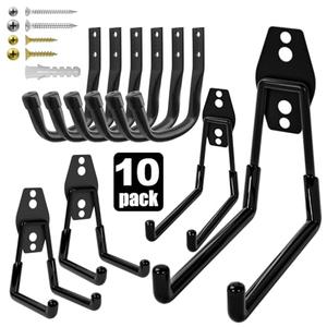 Jikro Heavy Duty Wall Garage Hooks, Steel Anti-Slip Utility Hooks Storage Organization Hangers for Ladders, Bikes, Hose, Garden Tools, Coats, Bags with Mounting Hardware Kit (Black, 10 Pack)