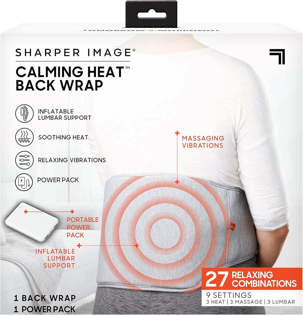 Calming Heat Back Wrap by Sharper Image with Power Pack | Cordless Electric Inflatable Heating Pad, Auto Shut-Off, Gift for Holidays, Women & Men | 3 Heat, 3 Vibrating Massage & 3 Lumbar Settings