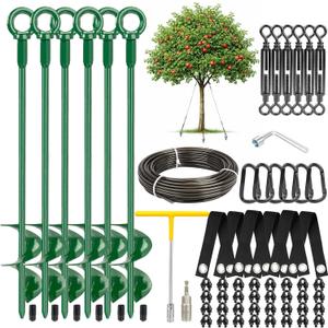 Tree Stakes and Supports Kit, 6 Pack Spiral Tree Stakes with Straps & Turnbuckles, Tree Support Stakes for Leaning Trees and Young Trees