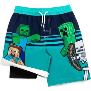 Minecraft Creeper Compression Swim Trunks Bathing Suit UPF 50+ Quick Dry Little Kid to Big Kid (7-8, Teal)