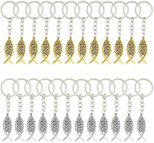 Juvale Jesus Fish Keychains 12 -Pack Metal - 1 In Dia x 3 In L Gold & Silver Zinc Alloy - Bulk Religious Favors for Church Events & Christian Party Favors