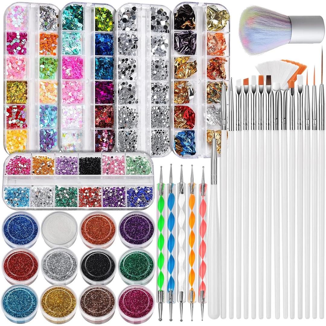 FANDAMEI Nail Art Brushes Kit, Nail Design Tools Set with Dotting Tools, Fine Nail Glitter Butterfly, Glitter Sequins, Foil Flakes, Nail Rhinestones, Dust Brush (C-White)