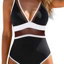 Daci Women's One Piece Swimsuits Tummy Control Neon Color Block Swimwear | Sexy Sheer Mesh, V Neck, Cross Back Design, Full Coverage, Removable Pads, Pool, Beach, Trip (Black, S)