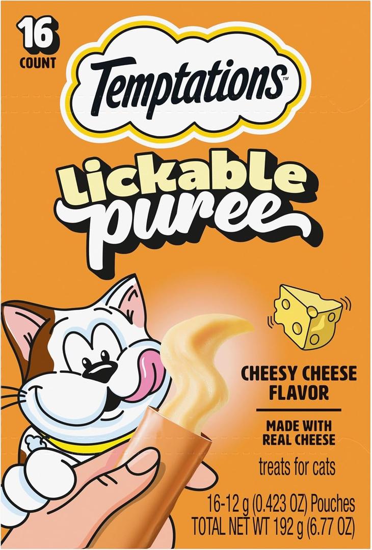 Temptations Creamy Puree Squeezable Lickable Cat Treats, Wet Cat Treats with Cheese, 0.42 oz. Tubes, 16 Count (EXP 07/31/27)