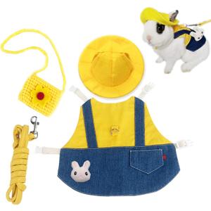 Guinea Pig Clothes,Soft Bunny Ferret Clothes with Pet Rabbit Harness and Leash Mini Hat Bag Cute Brooch for Kitten Small Animal Collars (Medium, ADenimYellow)