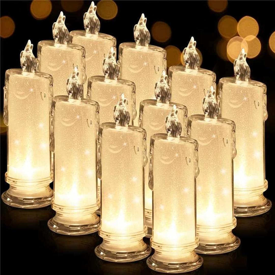 Retisee 12 Pcs Flameless Pillar Fake Candles Bulk, Battery Operated Plastic Candles with Holder, Warm White Light, 2.5" x 7" Flameless Atmosphere Light for Winter Christmas Wedding Party Decor