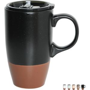 Bosmarlin Ceramic Travel Coffee Mug with Handle and Lid, 18 oz, Portable Coffee Cup for Car Cup Holder, Microwave and Dishwasher Safe (Black)