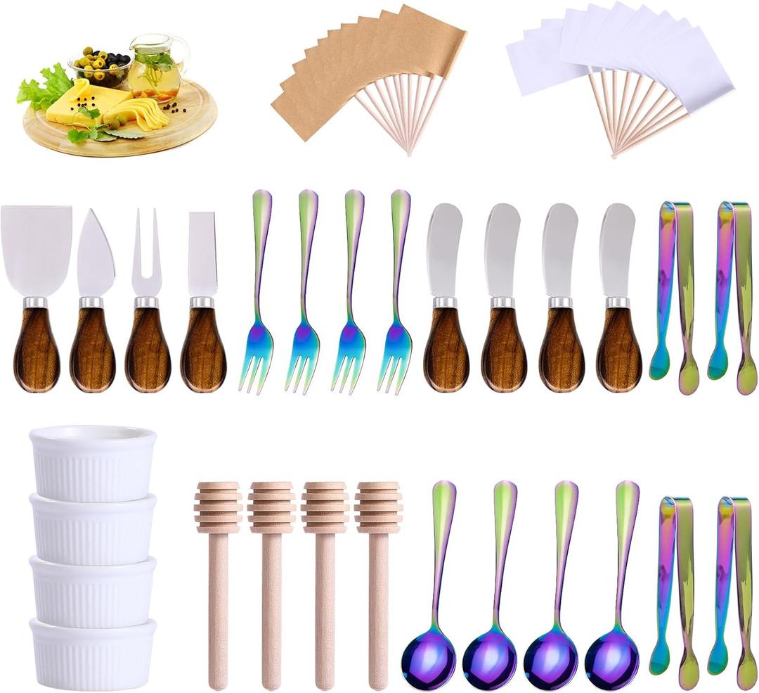 Charcuterie Boards Accessories(29 PCS) Cheese Spreaders for Charcuterie Board Mini Serving Spoon Fork Tongs Blank Toothpick Flags Bowl (Color)