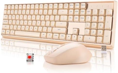 darkFlash Wireless Mechanical Keyboard and Mouse for Office, 106 Keys Full-Size Keyboard and Mouse Combo, Linear Red Switches for Windows/Mac Computer Office Desktop Laptop(GK104) (Milk Tea)