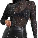 Mesh Long Sleeve Tops Crew Neck Sexy See Through Tee Shirts Party Club Night Lace Blouse, XL