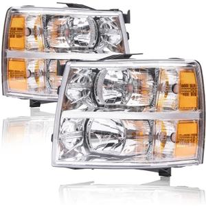 G-PLUS Headlights Assembly, Compatible with Chevy Silverado 2007-2013/Fit Chevy Silverado 2500 HD 3500 2007-2014 Bumper Headlamp, Clear lens Chrome Housing Amber Reflector
