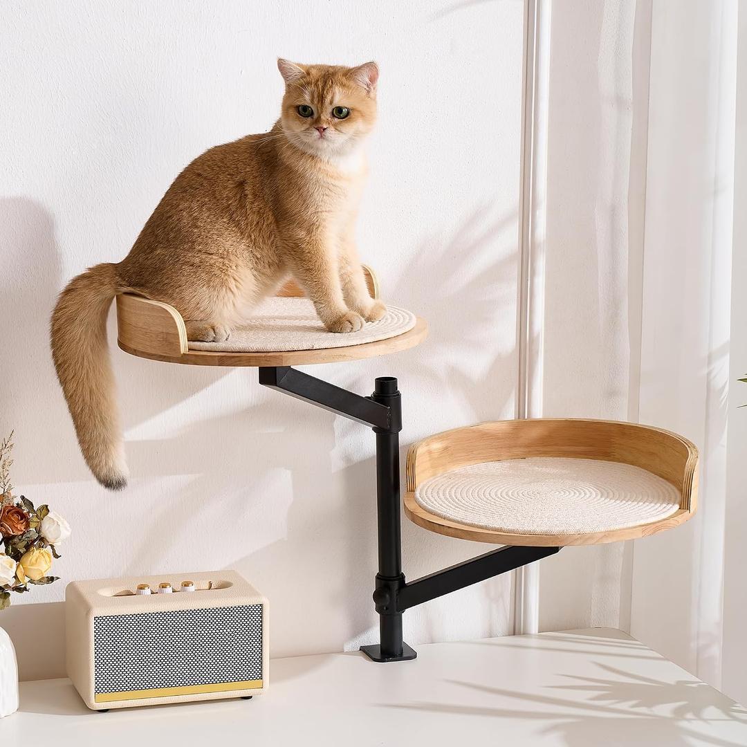 Cat Desk Bed for Indoor, 15.75" Double Cat Beds for Desk with Mats, 360° Rotating & Height Adjustable, Each Supports up to 22kg/48.5 lb, Modern Furniture for Office Desks and Gaming Tables