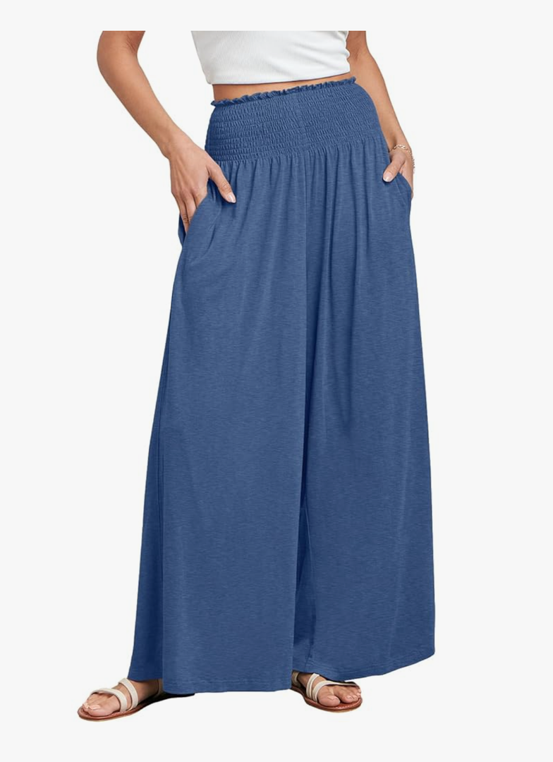 ANRABESS Women Palazzo Pants Summer Boho Bagyy Wide Leg High Smocked Waist Casual Loose Lounge Pant with Pocket size M