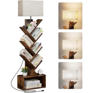 Evermagin 6 Tier Tree Bookshelf with Light, Narrow Bookcase Tower, Tall Floor Standing Book Organizer with Storage Cabinet for Living Room, Bedroom and Home Office, Rustic Brown