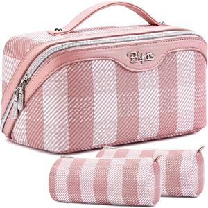 BOYATU Travel Makeup Bag Organizer Cosmetic Bag: 3 Pcs Set Make up Bags for Women with Handle - Waterproof Vegan Leather Toiletry Bags Travel Essentials Pouch with Compartments (F-03-Pink)