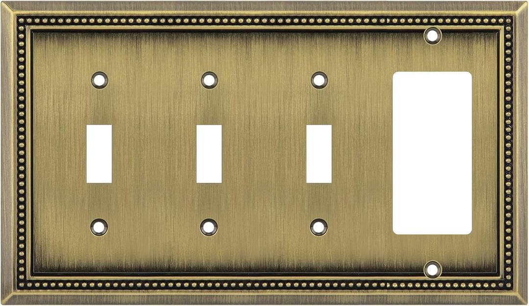 Henne Bery Sunken Pearls Heavy Duty Decorative Wall Plate Switch Plate Outlet Cover (Triple Toggle/Single Decorator, Antique Brass)