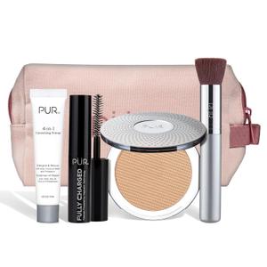 PR Multitasking Essentials Best Sellers Kit - Makeup Gift Set Includes 4-in-1 Correcting Primer, Fully Charged Mascara, 4-in-1 Pressed Mineral Powder & 1 Chisel Brush (Golden Medium)