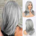Matthia Layered Grey Wigs for White Women Synthetic Wig with Bangs Highlight Salt and Pepper Wavy Wig, 16 Inch