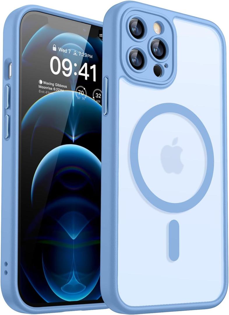 CANSHN Magnetic Compatible with iPhone 12 Pro Case, Upgraded [Full Camera Protection] [Compatible with Magsafe] [Translucent Matte] Shockproof Protective Phone Cover 6.1 Inch - Light Blue