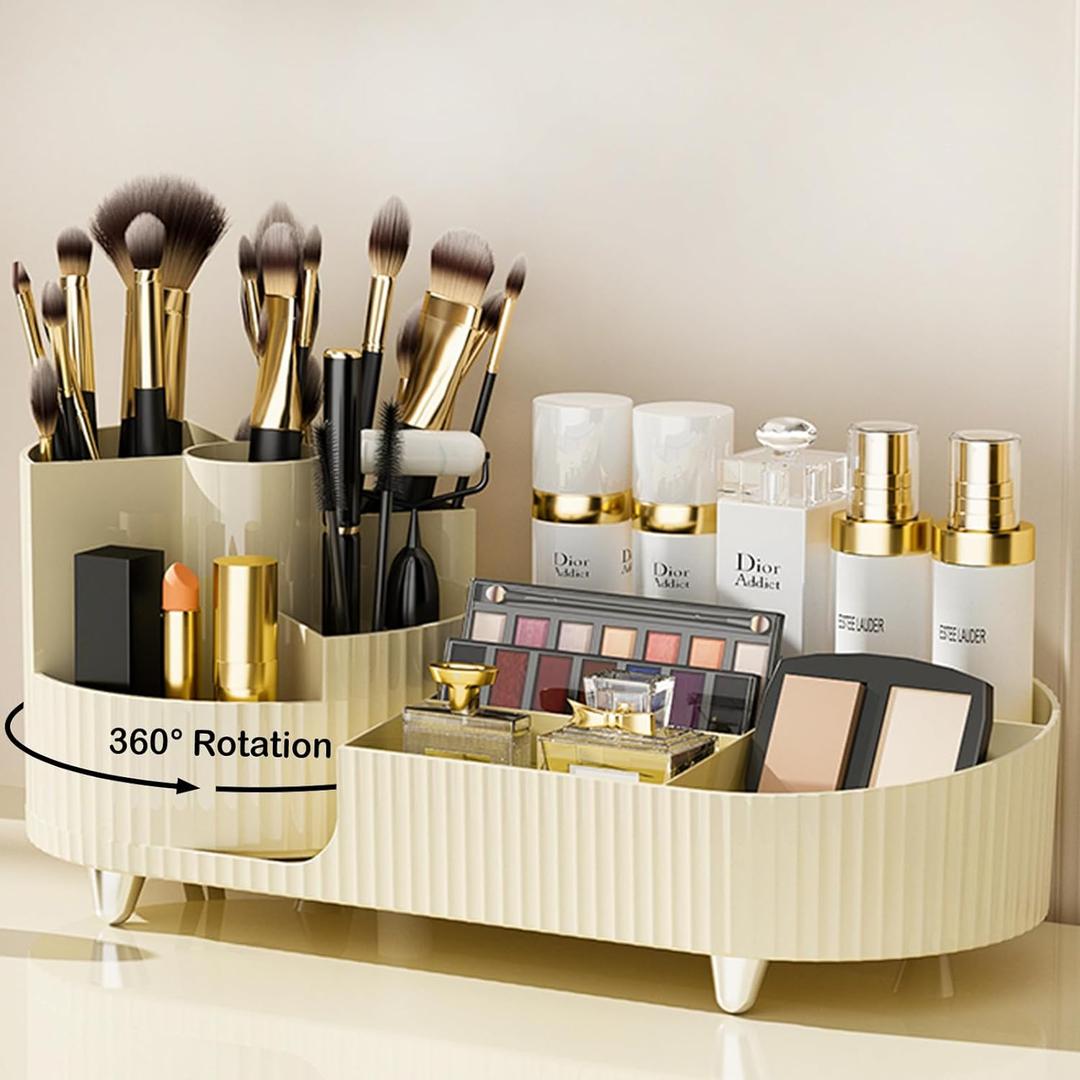 360 Rotating Vanity Makeup Organizer with Brush Holder, Large Spinning Cosmetic Storage for Skincare, Perfumes and Lotions (Ivory)