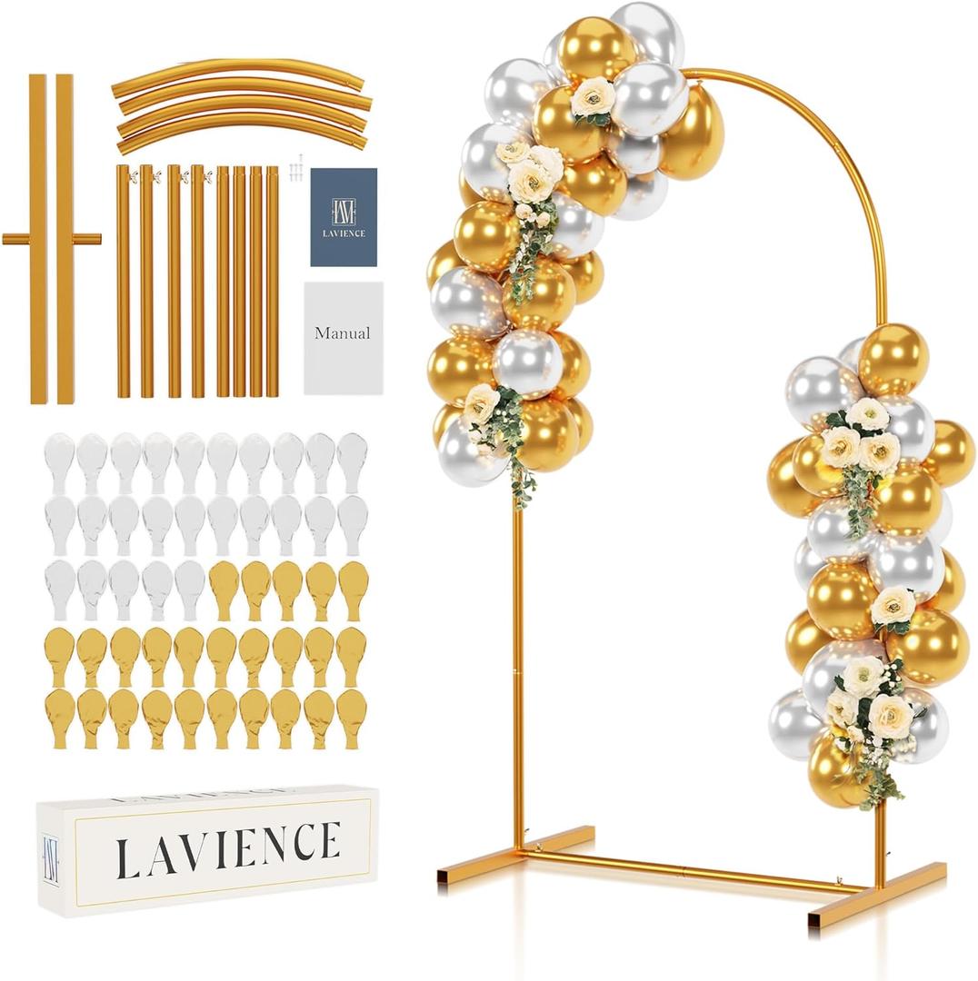 Gold Metal Arch Backdrop Stand - 7.2ft Balloon Arch Stand Backdrop Set with Gold and Silver Balloons - Photo Arched Birthday Background Decor, Party Arches Frame for Wedding Baby Shower Grad