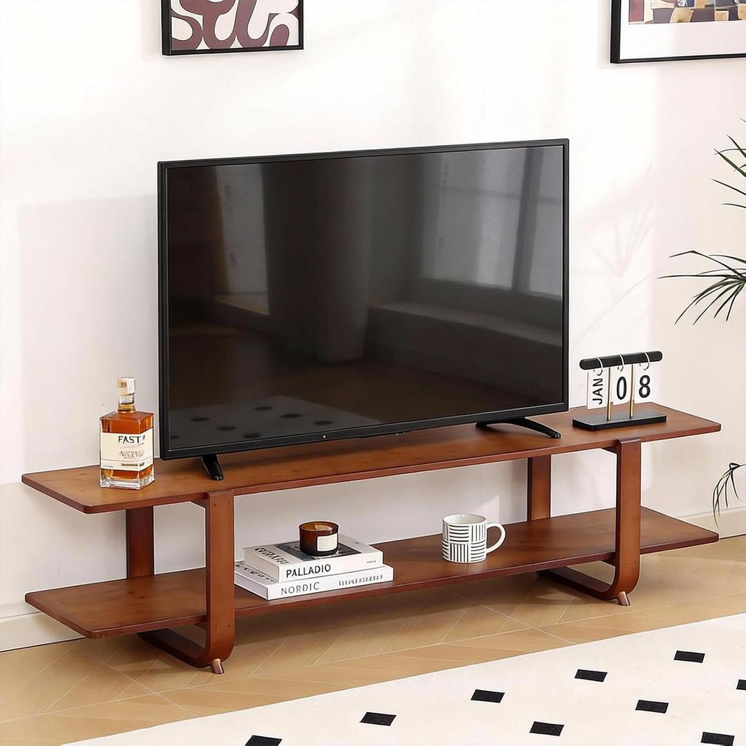 Tiita TV Stand with Storage for TVs up to 65'', Bamboo TV Console Entertainment Center with 2 Open Shelf, Mid Century Modern Media Console for Living Room, Bedroom, Walnut (55 Inches)