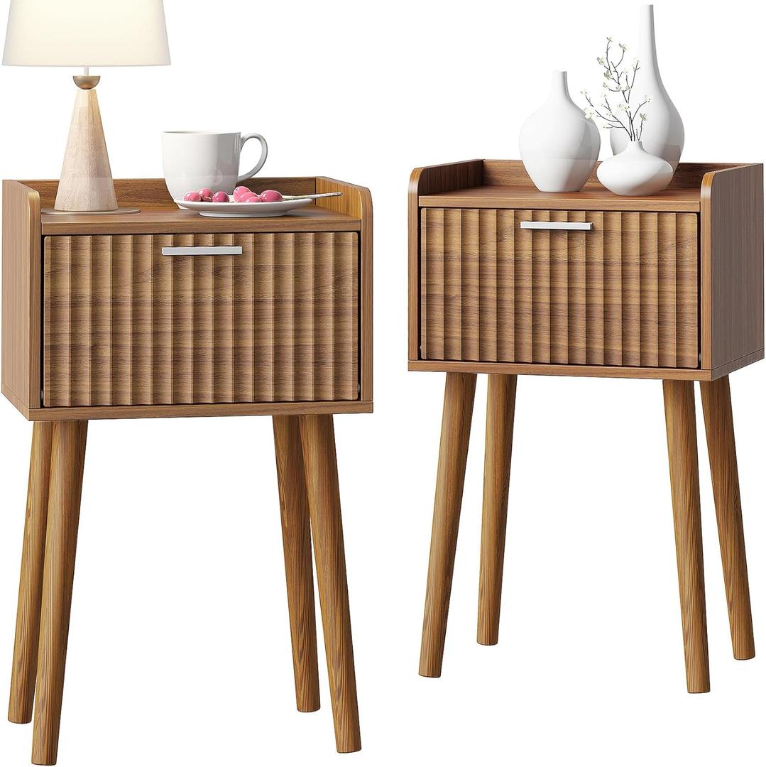 LAATOOREE Small Nightstands Set of 2, Side End Table, Bedside Table with Fluted Door, Solid Wood Feet; for Bedroom, Small Bed