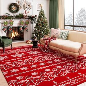 PureCozy Christmas Area Rug 8x10 Red Washable Living Room Carpet Xmas Snowflake Holiday Decor Indoor Bedroom Throw Rug Decorative Non Slip Soft Low Pile Large Carpet Dining Room Office Nursery