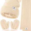 Baby Beanie Mittens Scarf Set,Toddler Infant Kids Winter Hat with Bear Ear Thermal Gloves Neck Warmer Set for Girls Boys (6-36 Months, Beige)