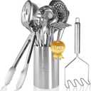 Cooking Utensils Set 11pcs - Stainless Steel Kitchen Utensils Set with Holder, Heat Resistant Kitchen Utensils Sets for Cooking with Turners, Potato Masher, Skimmer, Spoons, Ladle, Tongs, Whisk