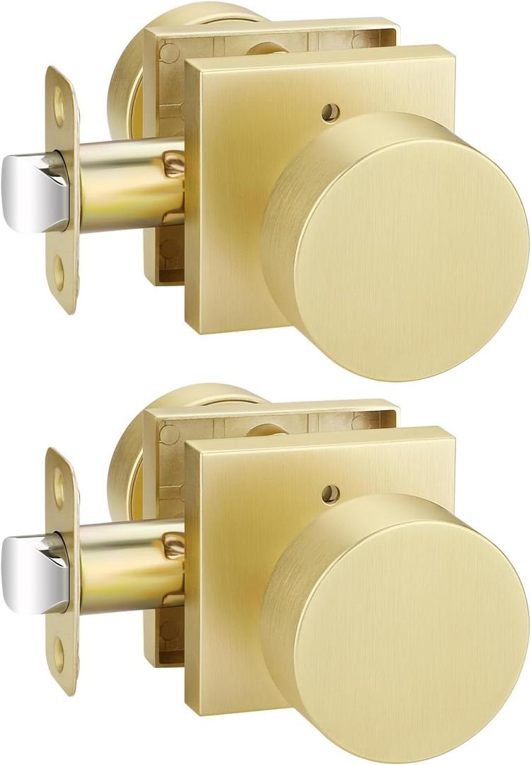 EHOMEWARE 2 Pack Brass Door Knobs, Interior Door Knobs for Bathroom, Bedroom Door Lock, Keyless Privacy Door Knob, Heavy Duty Gold Door Handles, Fit Both Left and Right Hand Doors