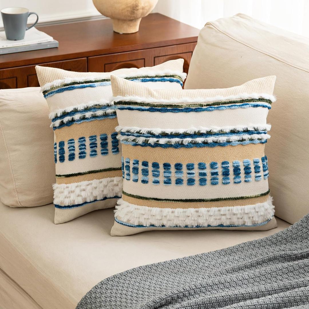 Anna's Whimsy 18x18 Inch Set of 2 Blue Bohemian Boho Pillow Covers Autumn Boho Throw Pillow Covers, Soft Linen Striped Farmhouse Decorative Square Pillows Cover for Couch Bed Living Room Decor