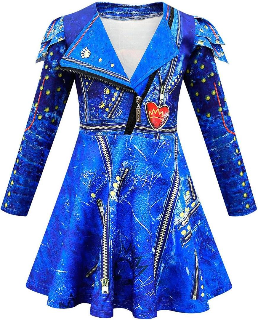 WYYXYB Girls Evie Costume Birthday Party Dress Halloween Descendants Cosplay Outfits(11-12 Years,Blue)