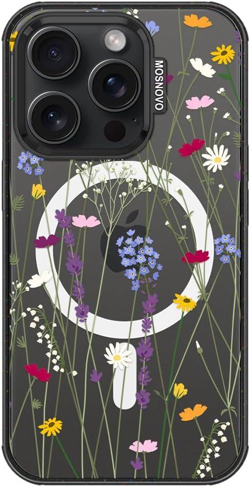 MOSNOVO Magnetic Case for iPhone 15 Pro, 10ft Military-Grade Protection, Compatible with Magsafe, Shockproof Phone Case for iPhone 15 Pro - Floral Garden - Clear Black
