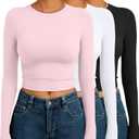 AUTOMET 3 Pack Womens Long Sleeve Shirts Y2K Going Out Crop Tops Cute Basic Slim Fitted Fall Fashion Outfits 2026 Clothes (Small, Pinkwhiteblack)