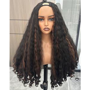 Afro Wig V Part Kinky Curly Wigs for Black Women, 180% Density Wear and Go Glueless Wig with Unique Bouncy Curls in the End, Synthetic No Leave out Clip in (#1BH30 Highlights Brown, 24 Inch)