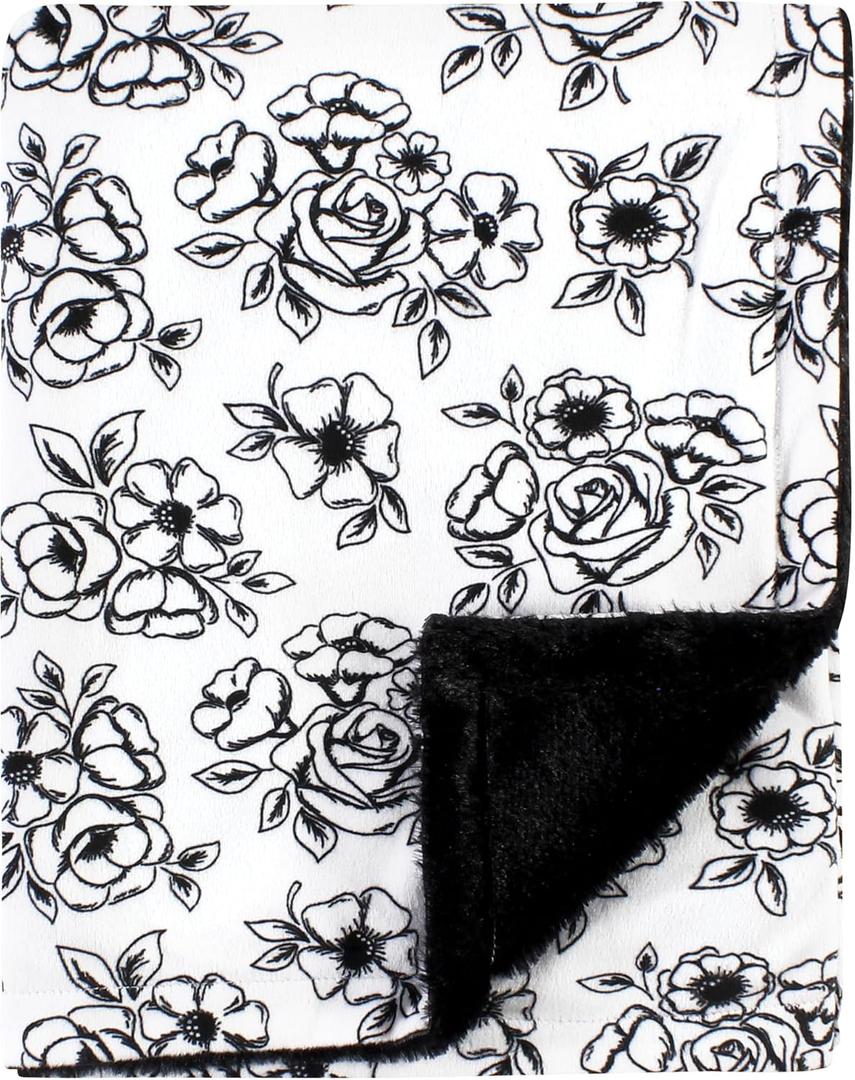 Hudson Baby Unisex Baby Plush Blanket with Furry Binding and Back, Black Toile, One Size