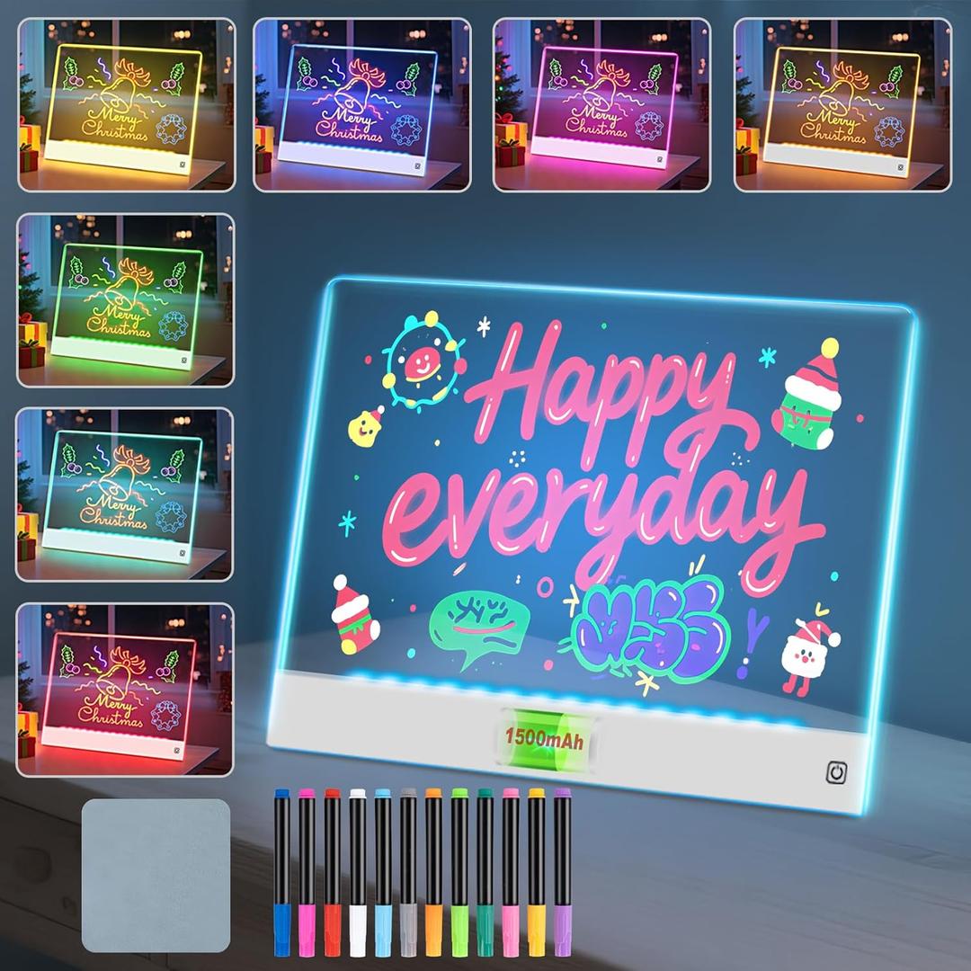 16-Inch LED Note Board Rechargeable with 7 Colors, Doodle Glow Board Neon Art Dry Erase Light Up Drawing Pad with Invisible Stand, Sketching Gift Toy for Kids/Girls/Teens, 12 Markers