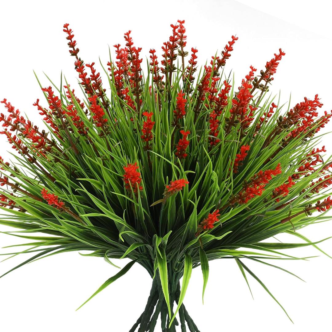 alyptus Artificial Flowers Outdoor 12 Bundles Fake Plants Outside Red Flower Grass Faux Greenery Spring Summer Wildflower Decoration for Outdoors Yard Front Porch Planter Decor (Red Flowers)