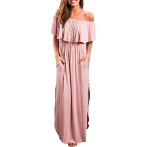 Sarin Mathews Womens Off The Shoulder Ruffle Party Dress Casual Side Split Beach Long Maxi Dresses with Pockets (Pink) L
