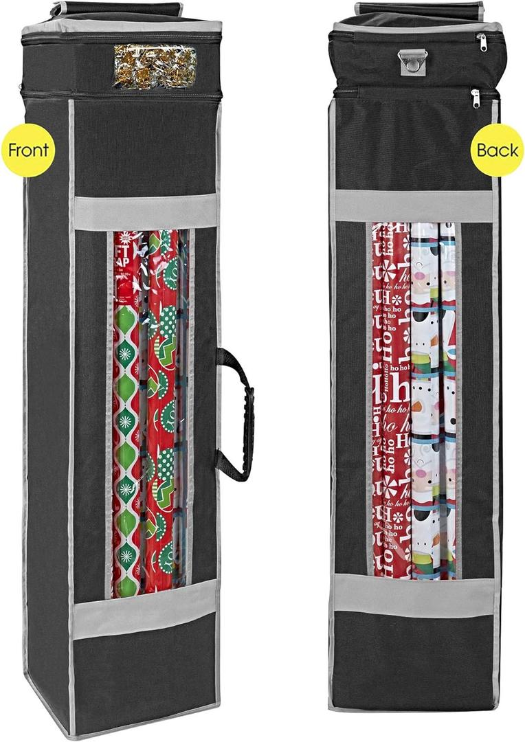 ProPik Holiday Wrapping Paper Storage Organizer Bag with Pocket and Handles Including Hanging Loop Heavy Duty Material with Clear Window 47 X 10 X 10 Inch Fits 40 Inch Long Rolls (Black, 1 Count)