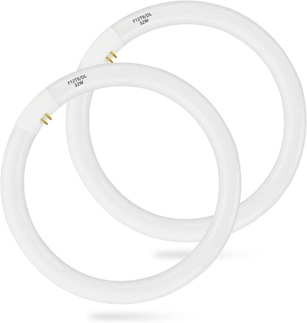 (2 Pack) FC12T9/DX 32 Watts 12 Inch T9 Round Fluorescent Circular Light Bulb, Daylight-6500K, FC12T9/DL 2100 Lumens G10Q 4-Pin Base 32W Circline Ceiling Lights