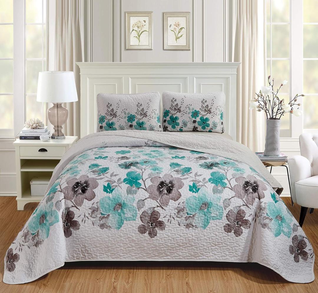 Luxury Home Collection 3 Piece King/California King Quilted Reversible Coverlet Bedspread Set Floral Printed Turquoise White Gray (Lily Turqoise)