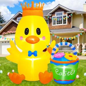 Danxilu 6 FT Easter Inflatables Chick Outdoor Decorations, Cute Spring Blow Up Chicken with Flower Basket & Crown, Built-in LED Lights & Stakes Yard Decor for Outside Indoor Party Patio Lawn Holiday