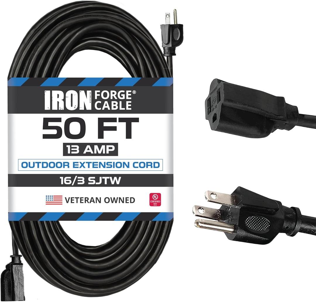 Iron Forge Cable 50 Ft Black Outdoor Extension Cord, 16/3, 50 Foot Outdoor Extension Cord, 3 Prong, Weatherproof - Great for Outside Use