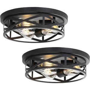 2 Pack Close to Ceiling Light Fixtures, 13 Inch Farmhouse Metal Cage Flush Mount Ceiling Light 3-Lights, Black Industrial Semi Flush Mount Ceiling Light for House Hallway Kitchen Bedroom