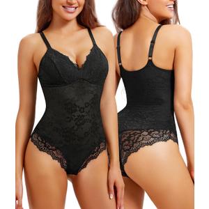 REYEOGO Lace Shapewear Bodysuit for Women Tummy Control Body Shaper V Neck Fajas Tank Tops Slimming Camisole Corset (XX-Large, Black)
