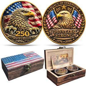 250th Anniversary USA Commemorative Coin Set with Wooden Gift Box, Patriotic Eagle & Liberty Bell Coins, 1776–2026 Freedom Keepsake, Veteran Gift, 250 Anniversary America Merchandise