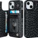 HAOPINSH for iPhone 13/14 Wallet Case with Card Holder, Black Leopard Cheetah Pattern Back Flip Case PU Leather Kickstand Card Slots Case for Women Girls, Double Magnetic Clasp Cover 6.1"