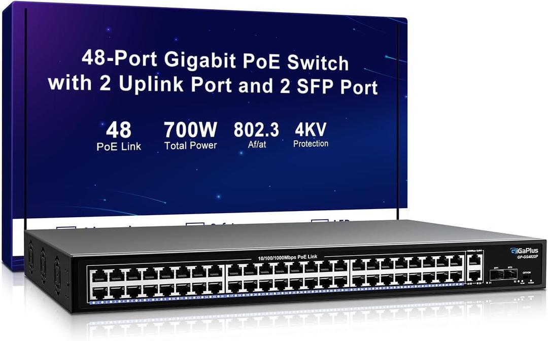 48 Port Gigabit PoE Switch with 2x1000Mbps Uplink, 2x1000Mbps SFP, GiGaPlus 48 Port IEEE802.3af/at PoE @700W, Support VLAN, Metal Housing, Desktop or Wall-Mount, Plug & Play